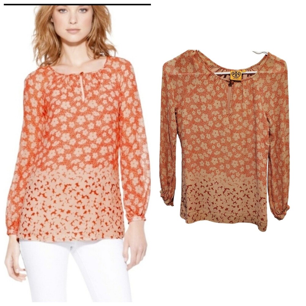 Tory Burch Lisa Top Blouse Tunic, Floral, Long Sleeve, Coral, Sz 0